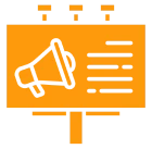 Megaphone icon on orange billboard sign.